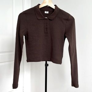 Aritzia Sunday best Hugo brown long sleeve cropped polo collar tshirt s
